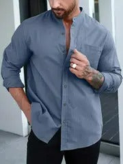 Men’s Long Sleeve Shirt – Mandarin Collar, 100% Cotton, Regular Fit