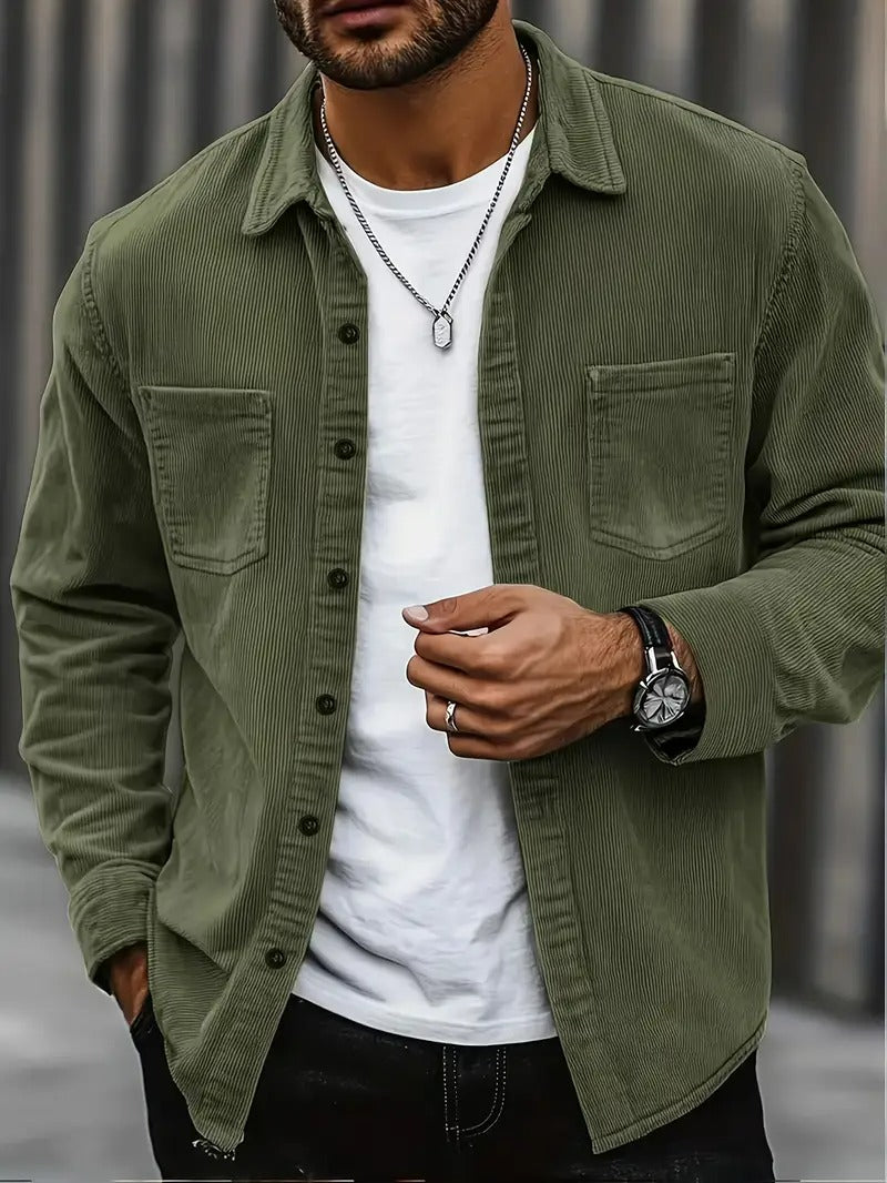 Men’s Corduroy Casual Jacket – Long Sleeve, Lapel Collar, Regular Fit