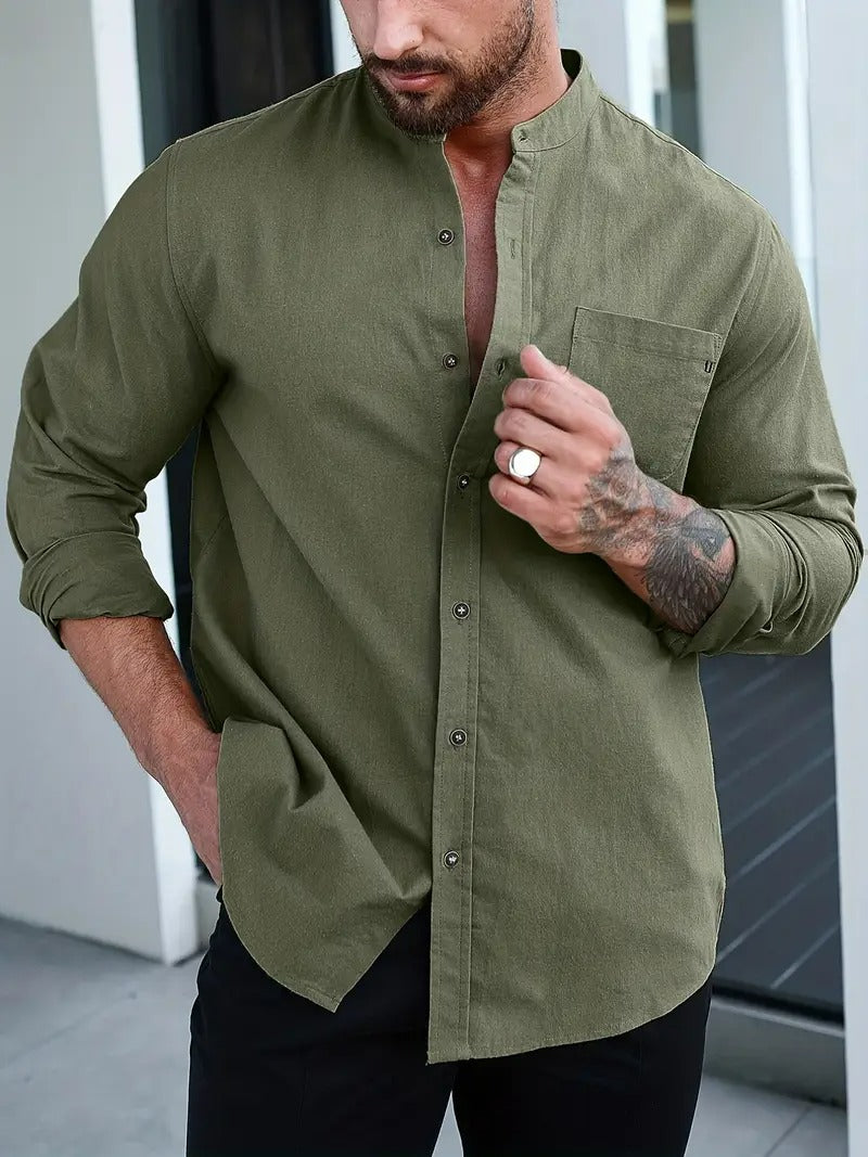 Men’s Long Sleeve Shirt – Mandarin Collar, 100% Cotton, Regular Fit