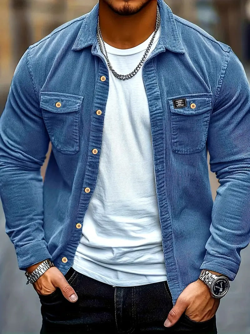 Men’s Corduroy Shirt – Casual Long Sleeve, Solid Colour, Regular Fit