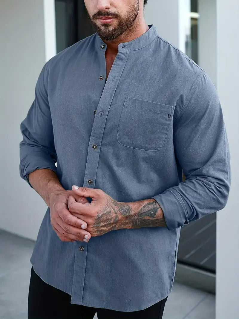 Men’s Long Sleeve Shirt – Mandarin Collar, 100% Cotton, Regular Fit