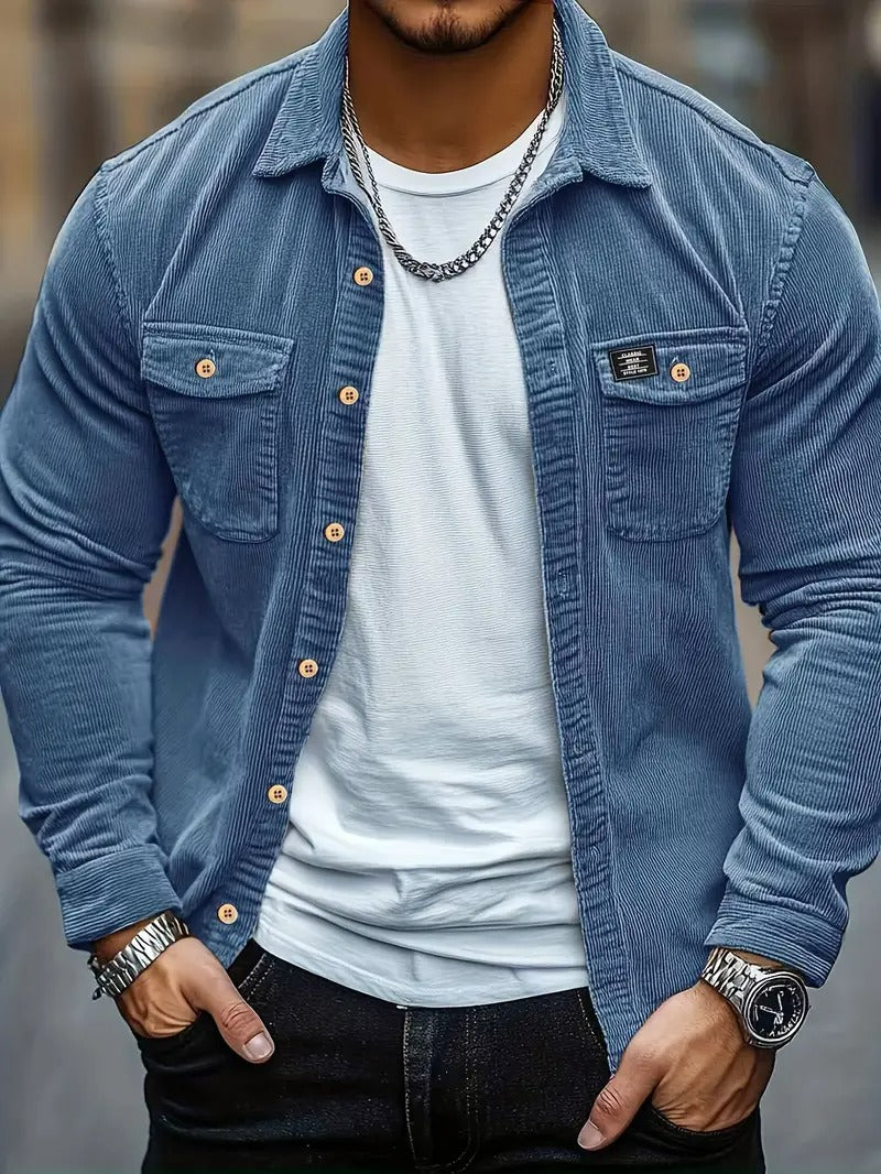 Men’s Corduroy Shirt – Casual Long Sleeve, Solid Colour, Regular Fit