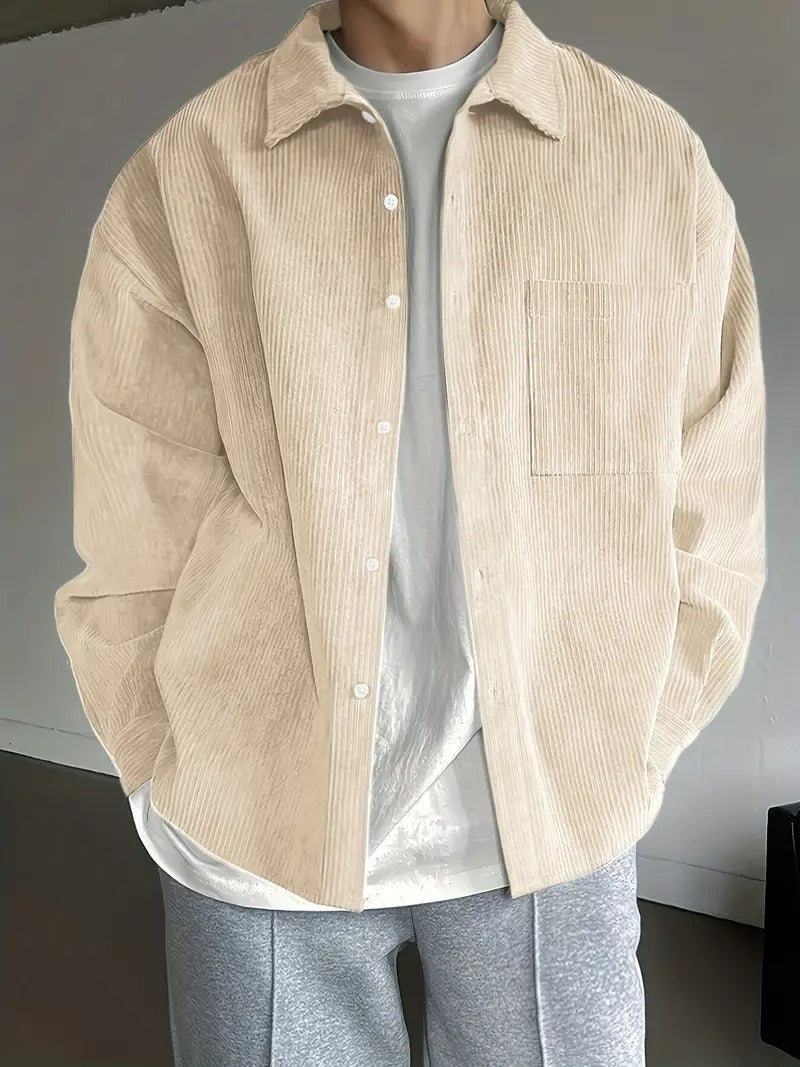 Men’s Casual Loose Fit Shirt – Solid Colour, Lapel Collar, Easy Care