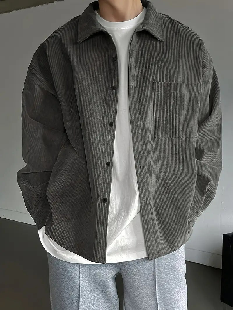 Men’s Casual Loose Fit Shirt – Solid Colour, Lapel Collar, Easy Care