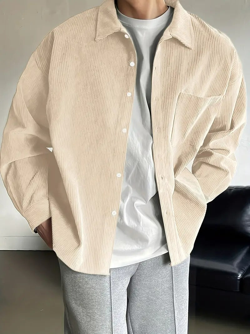 Men’s Casual Loose Fit Shirt – Solid Colour, Lapel Collar, Easy Care