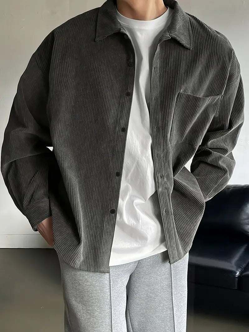 Men’s Casual Loose Fit Shirt – Solid Colour, Lapel Collar, Easy Care