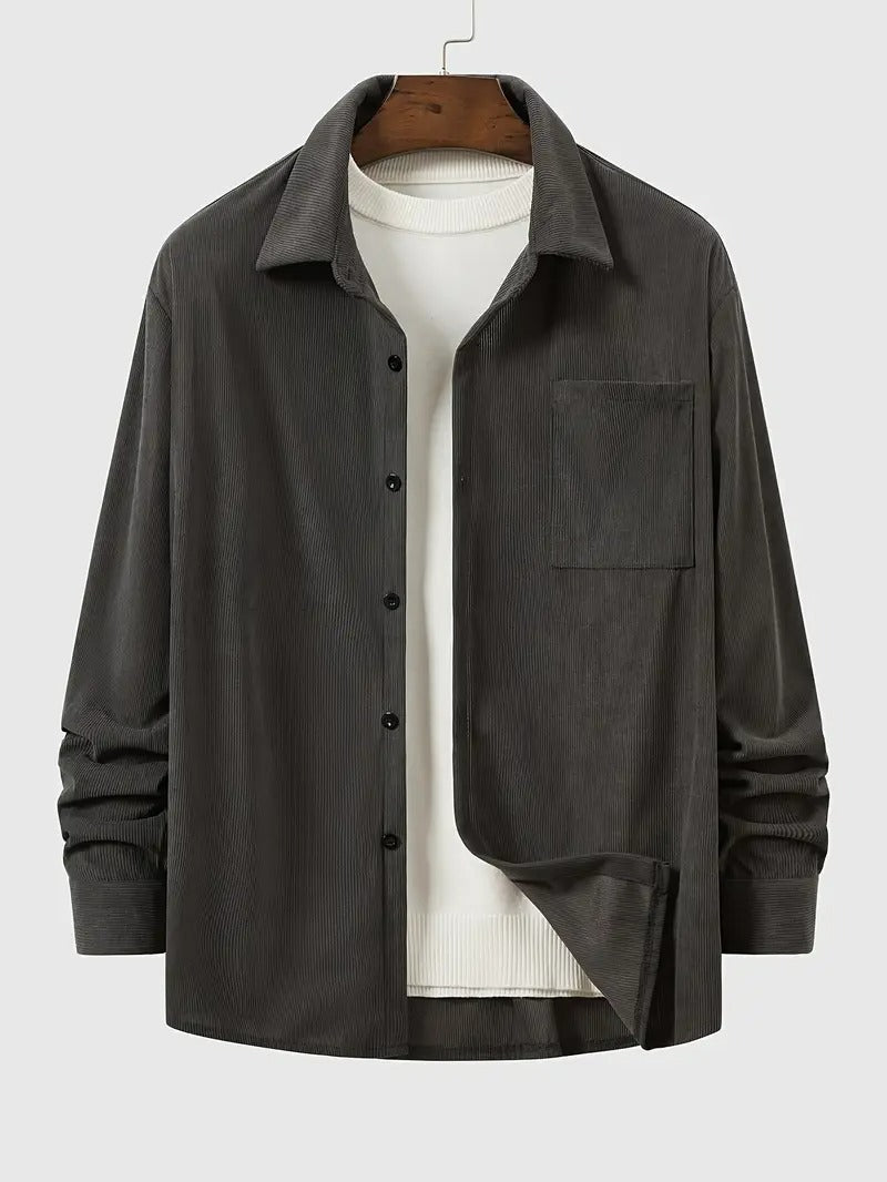 Men’s Casual Loose Fit Shirt – Solid Colour, Lapel Collar, Easy Care