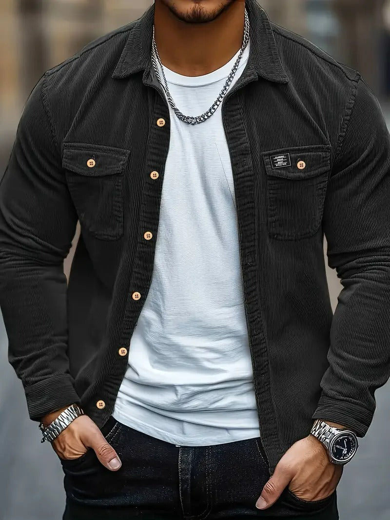 Men’s Corduroy Shirt – Casual Long Sleeve, Solid Colour, Regular Fit