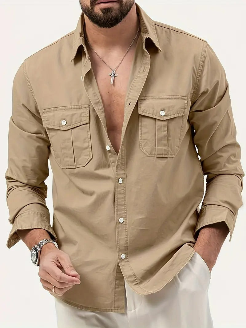 Men’s Plus Size Cargo Shirt – Long Sleeve, Multi-Pocket, Casual Wear